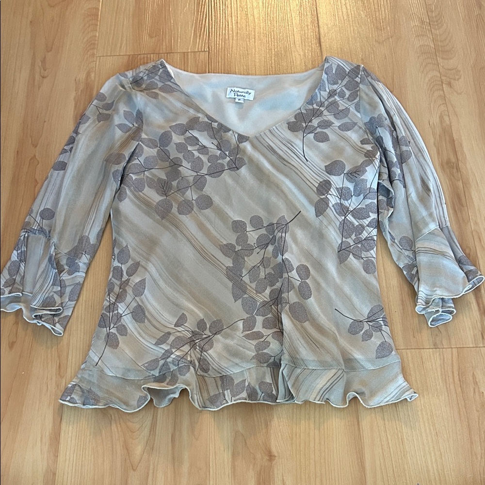 NATURALLY PETITE Chiffon Texture Brown Leaf Design Blouse, Sz P